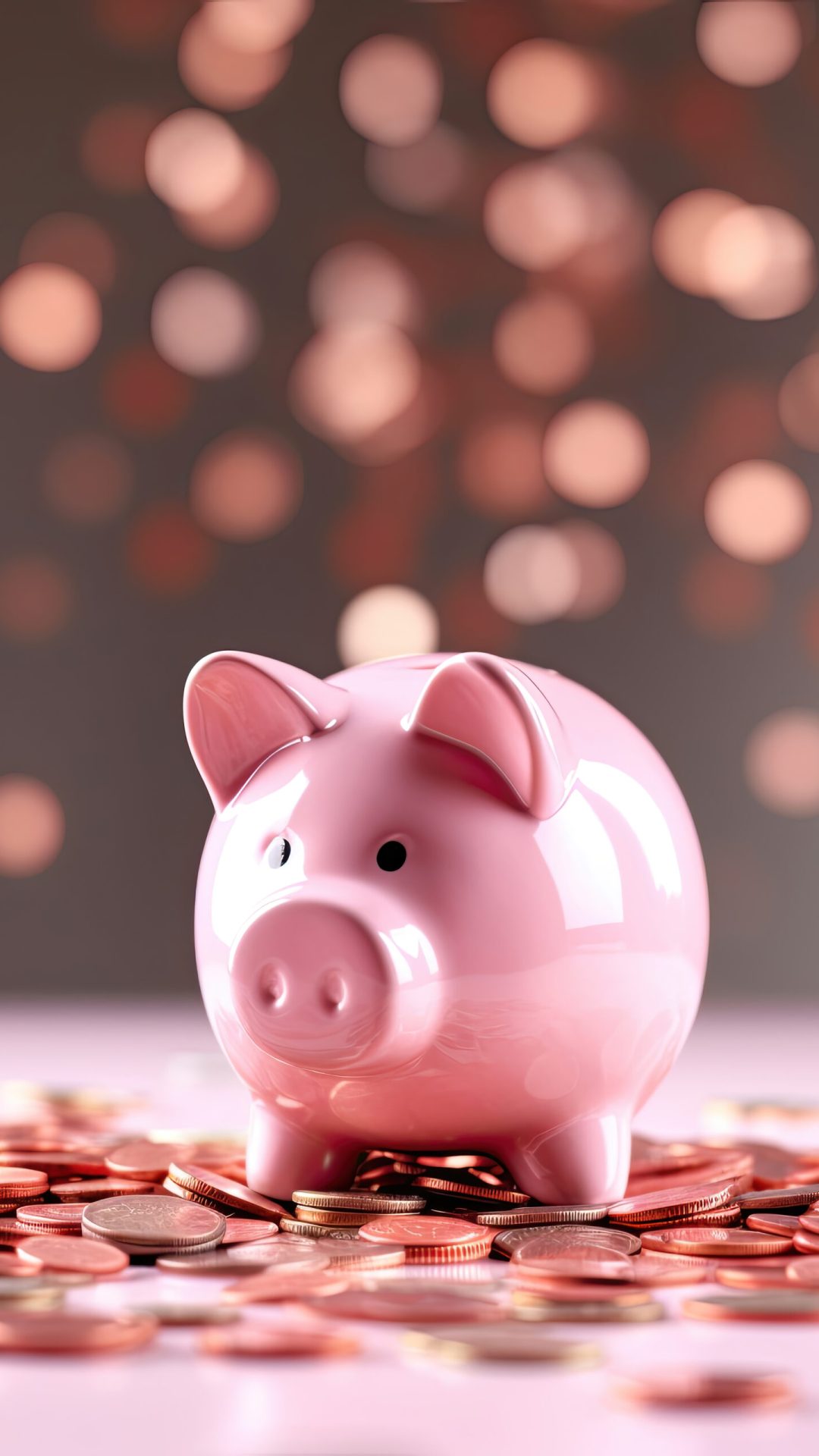 Pink piggy bank with money on background. Selective soft focus. Ai.
